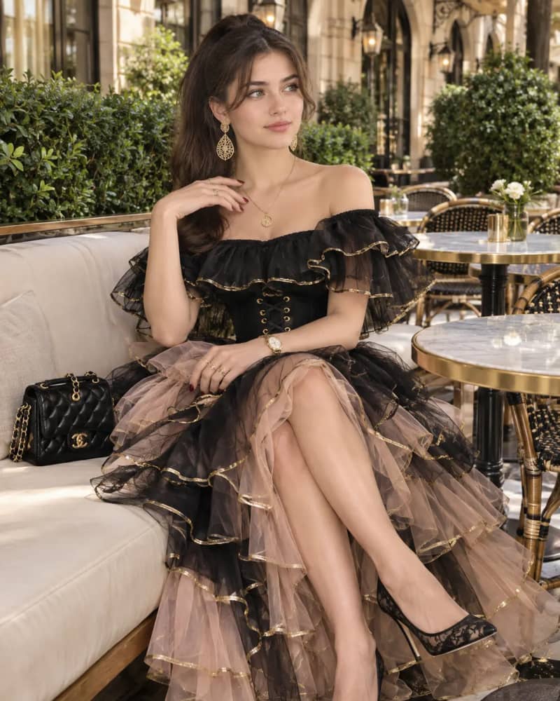Woman in black and gold tulle gown with corset waist sitting elegantly on café terrace bench
