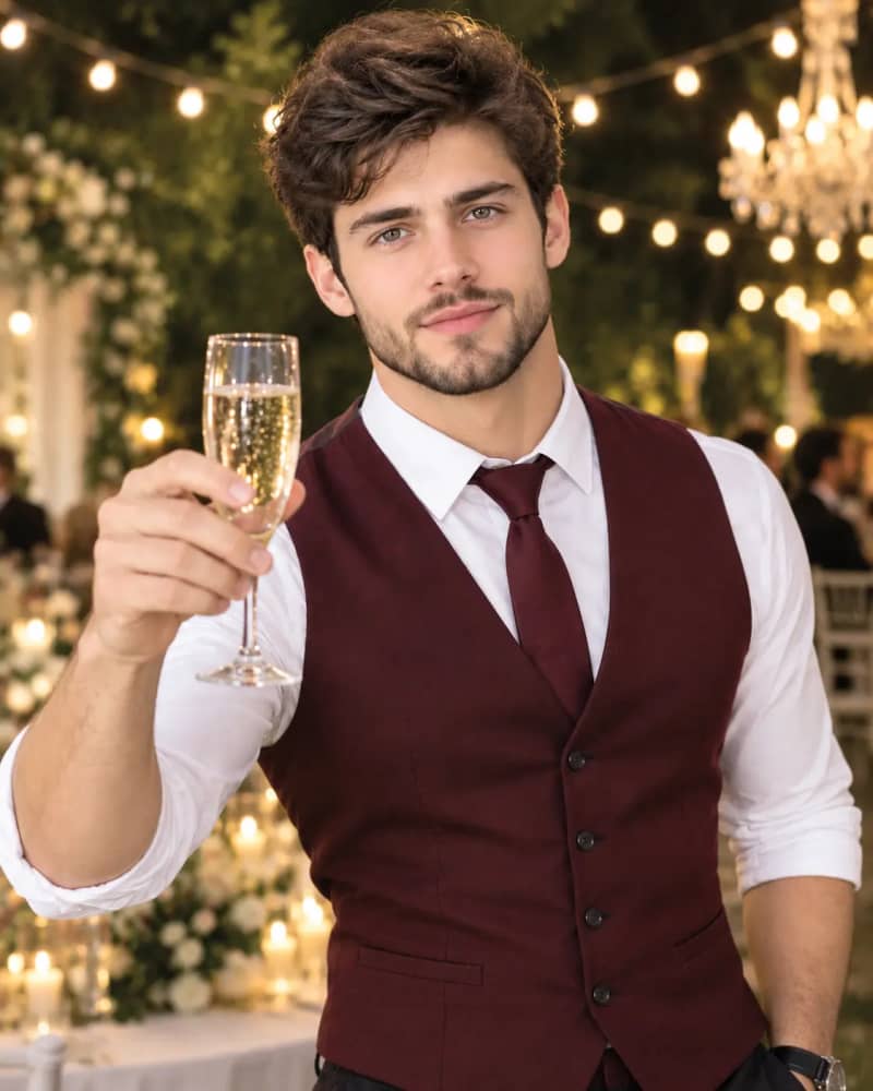 Stylish man with dark tousled hair and beard raising a champagne glass in a toast, wearing a burgundy waistcoat and white shirt, photographed at an outdoor evening celebration with warm string lights