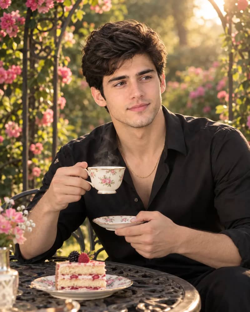 Smiling man with wavy black hair holding a teacup beside cake in a pink rose garden