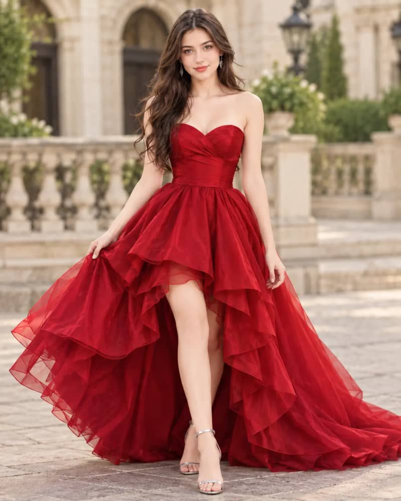 Woman in strapless red ruffled ball gown walking in an elegant palace courtyard