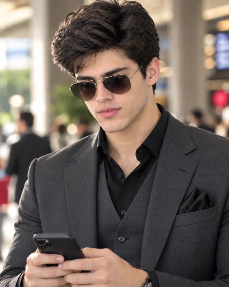 Stylish man with beard and aviator sunglasses in a charcoal suit checking his phone in a softly blurred indoor setting