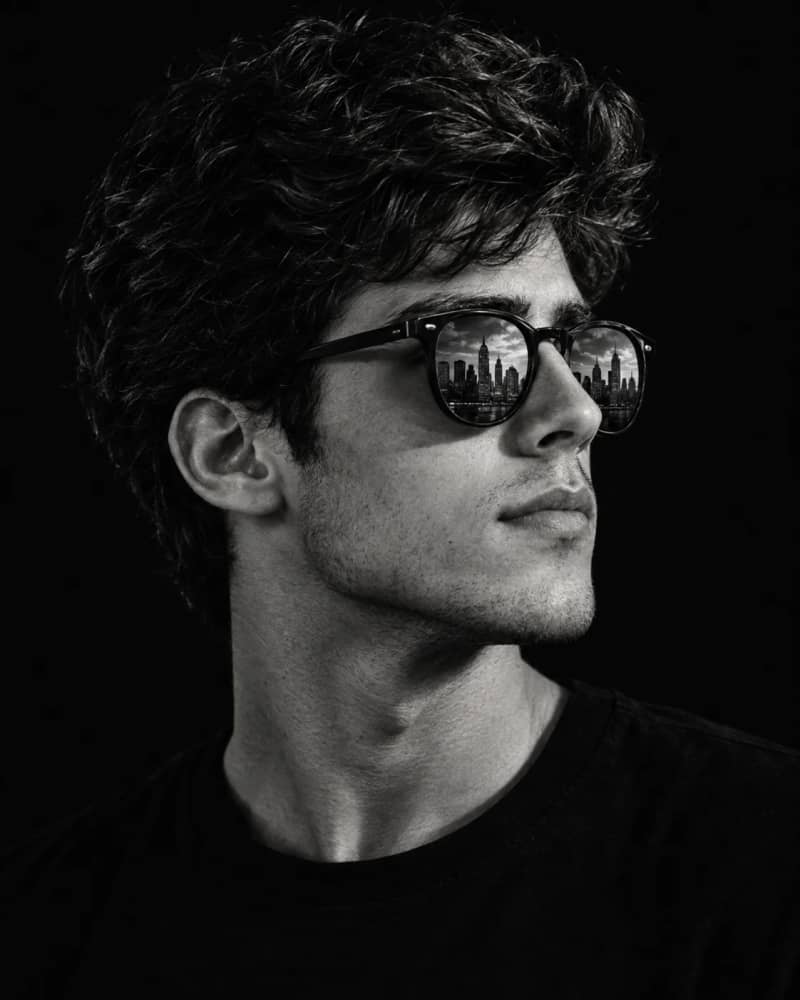 Black and white side profile portrait of a young man wearing round sunglasses with a double exposure city skyline reflected in the lenses, dramatic chiaroscuro lighting