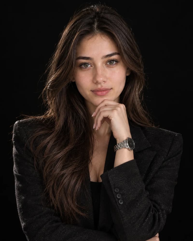 Woman wearing a dark charcoal blazer and luxury wristwatch in a dramatic black fashion portrait