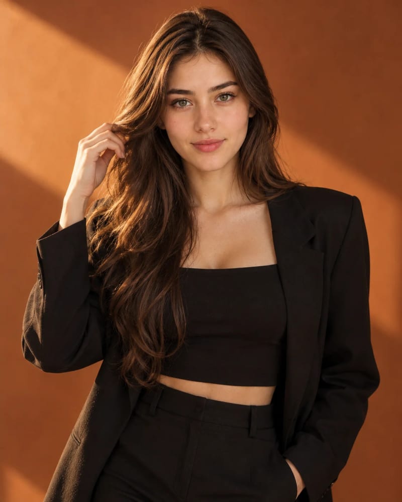 Woman in an all-black fashion outfit posing against a warm burnt-orange studio background