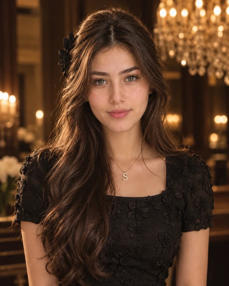 Woman wearing a black floral embroidered evening dress with a gold initial pendant