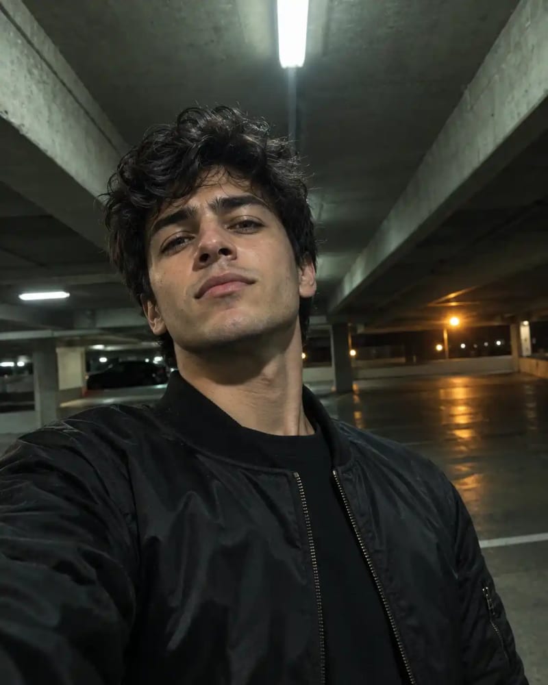Moody low-angle parking garage selfie created with a ChatGPT photo editing prompt