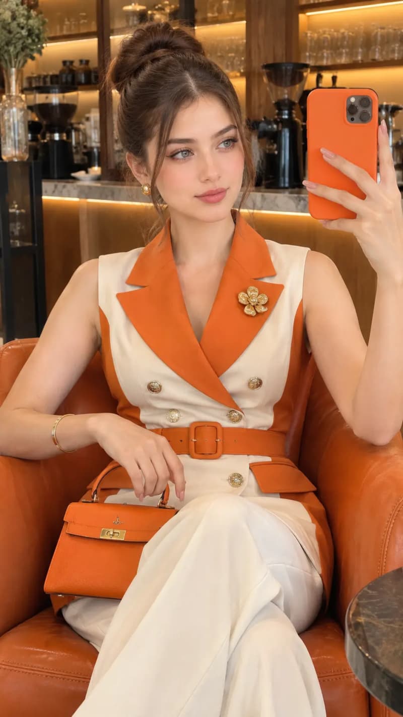 Elegant young woman in a high bun taking a phone selfie in an orange and cream double-breasted blazer dress with gold buttons and brooch, seated in an orange armchair holding a matching orange handbag