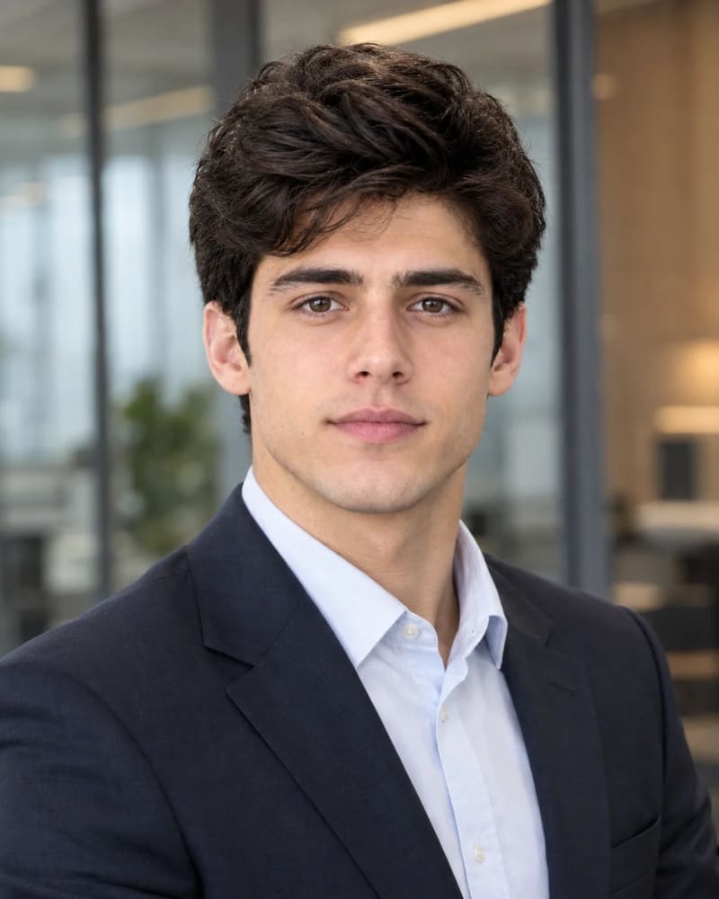 Executive in a navy suit and white shirt against a blurred glass-walled corporate office