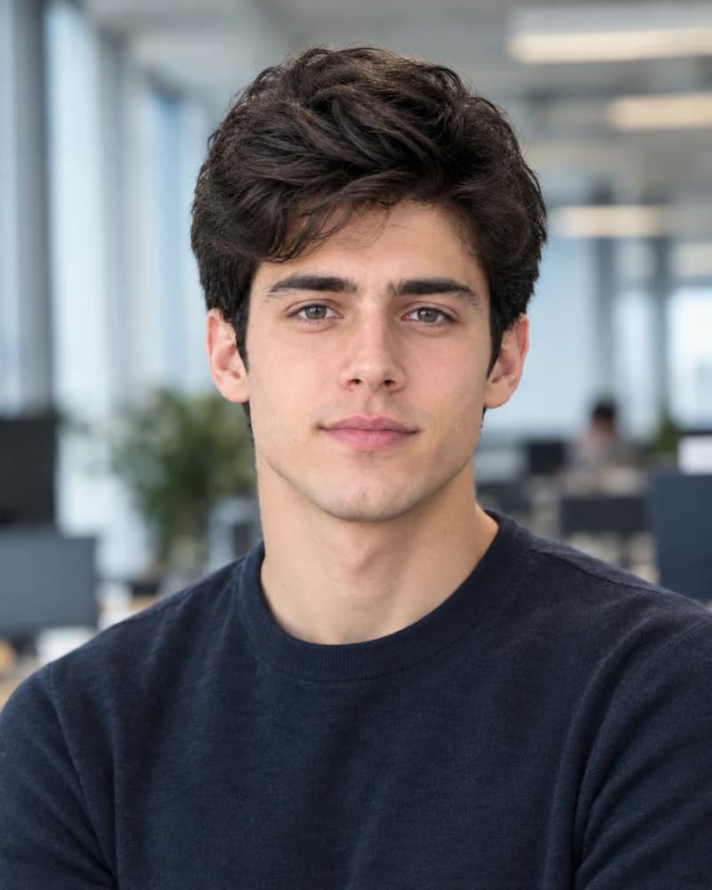 Smiling tech professional in a gray crewneck sweater in a bright open-plan office
