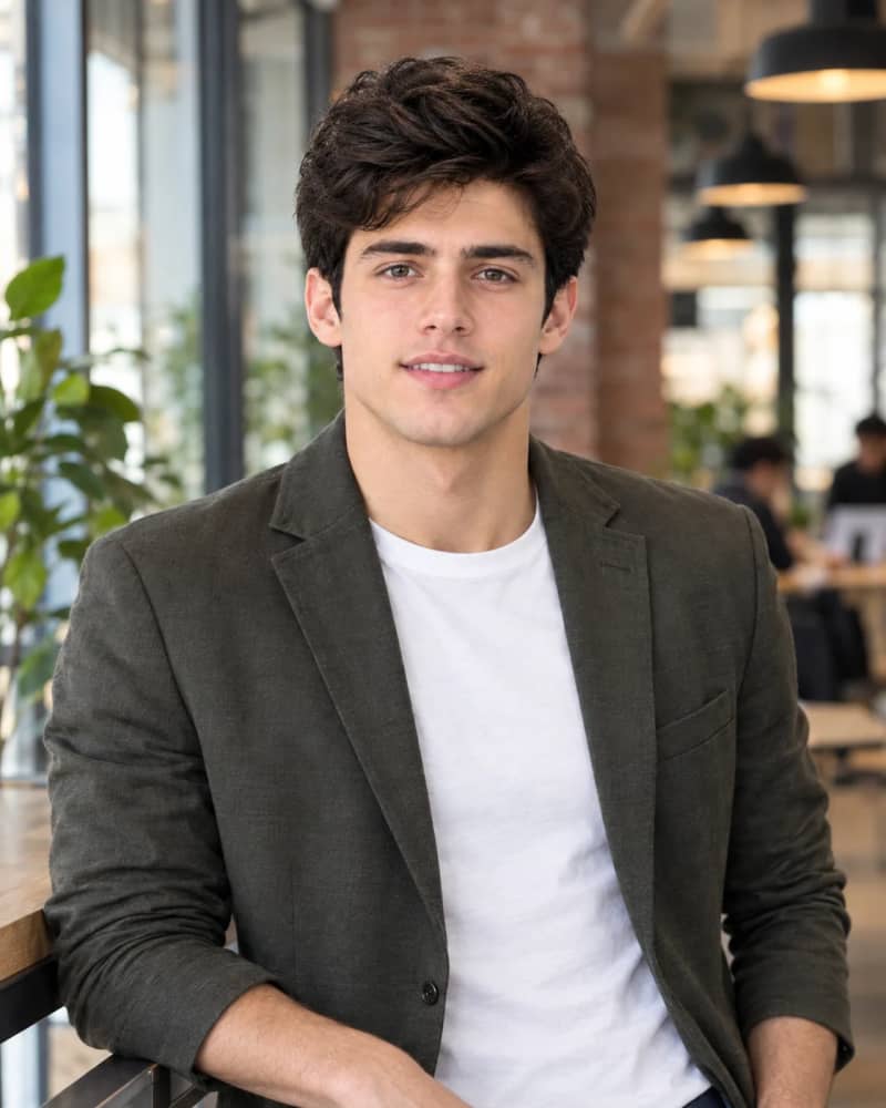 Startup founder in an olive blazer leaning on a table in a coworking space with brick walls