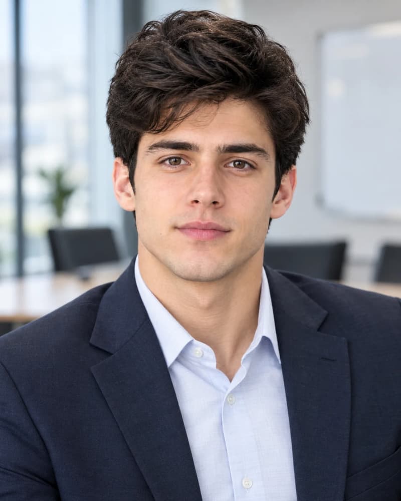 Business consultant in a gray blazer with a thoughtful smile in a softly blurred conference room