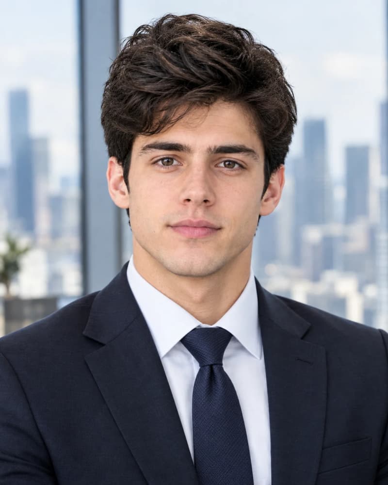Finance professional in a dark suit with a blurred downtown skyline visible through office windows