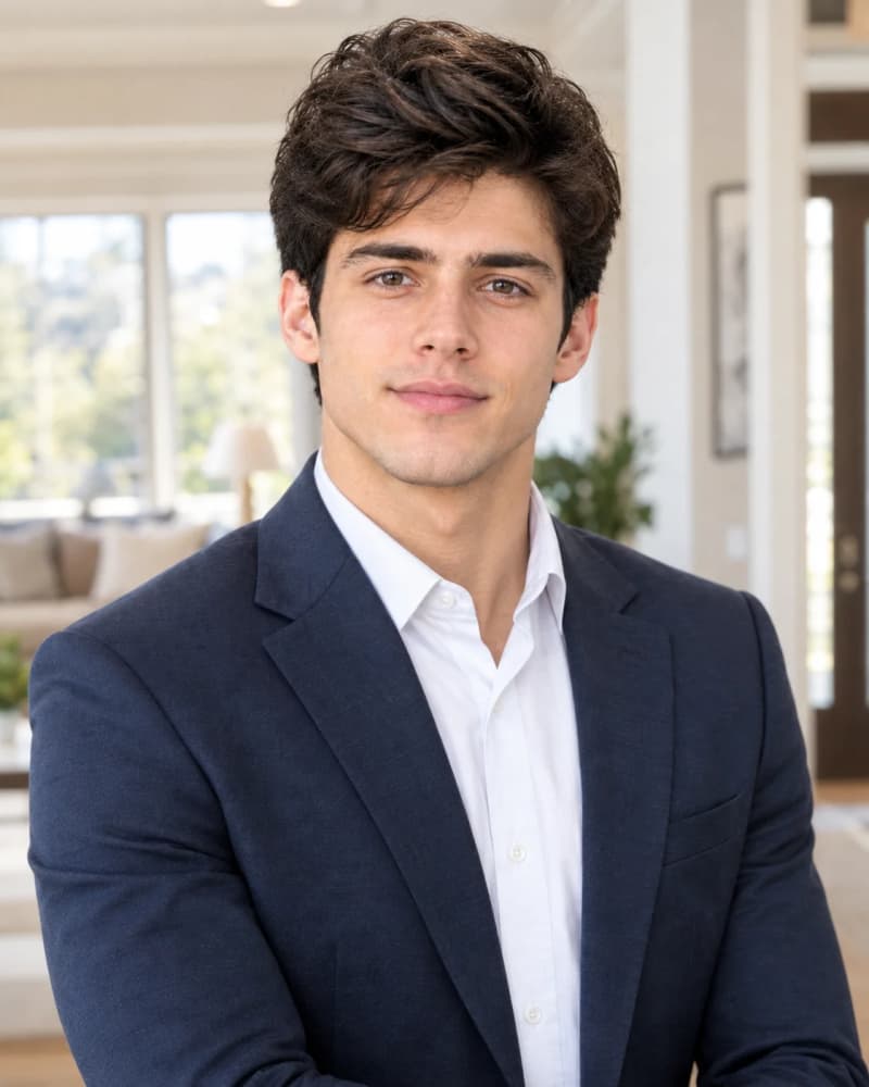 Real estate agent in a camel blazer smiling warmly in the entryway of a bright modern home