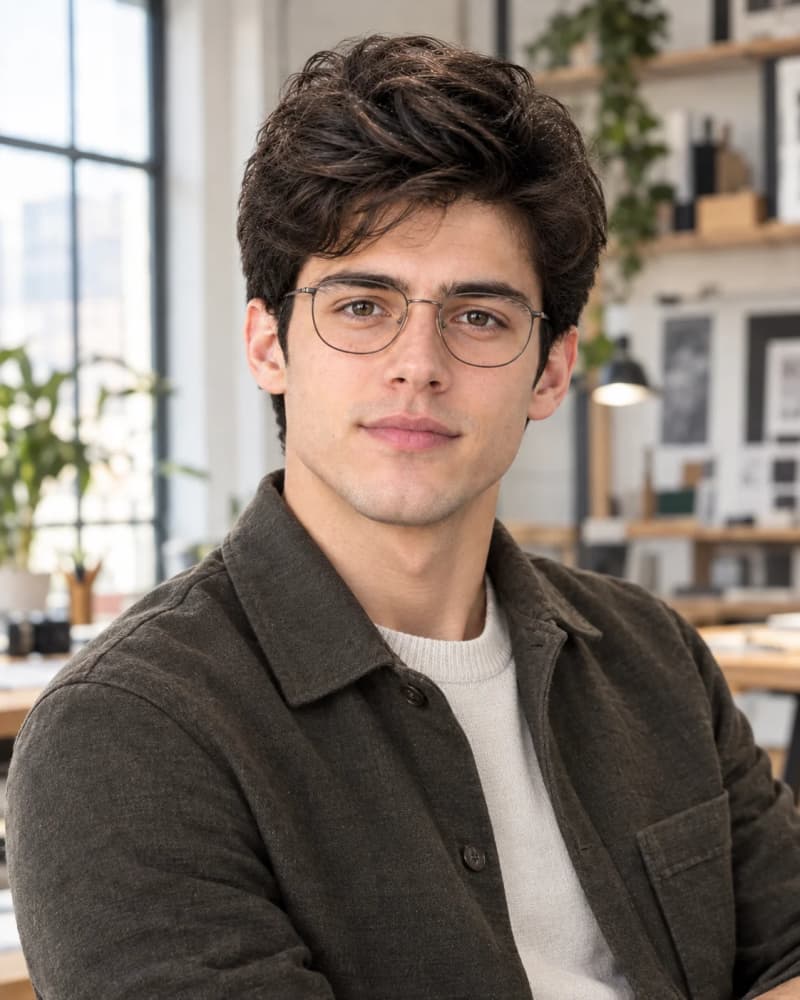 Creative director in an earth-toned overshirt in a sunlit design studio loft