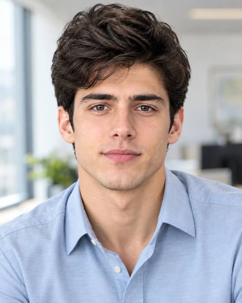 Professional in a sky-blue open-collar shirt with a friendly smile in a bright everyday office