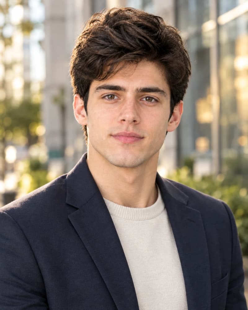 Team leader in a tailored blazer smiling outdoors in golden light in a downtown business district