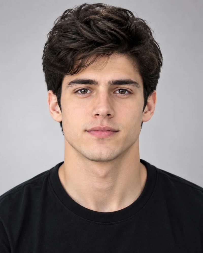 Minimalist studio headshot of a professional in a dark top on a seamless light-gray backdrop