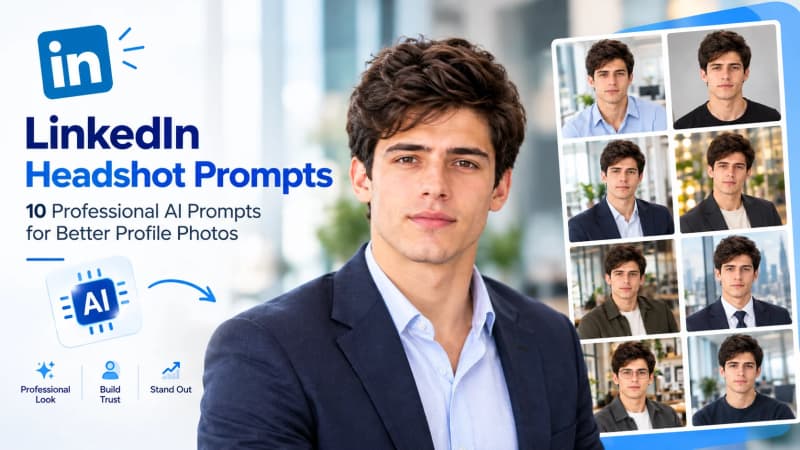 LinkedIn headshot prompts featuring a professional AI-generated portrait and multiple business headshot styles for creating better profile photos.