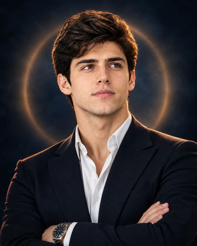 Luxury CEO AI portrait of a man in a navy suit with glowing halo