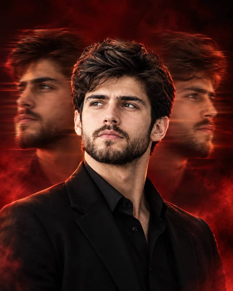 Cinematic male AI portrait with crimson background and duplicate faces