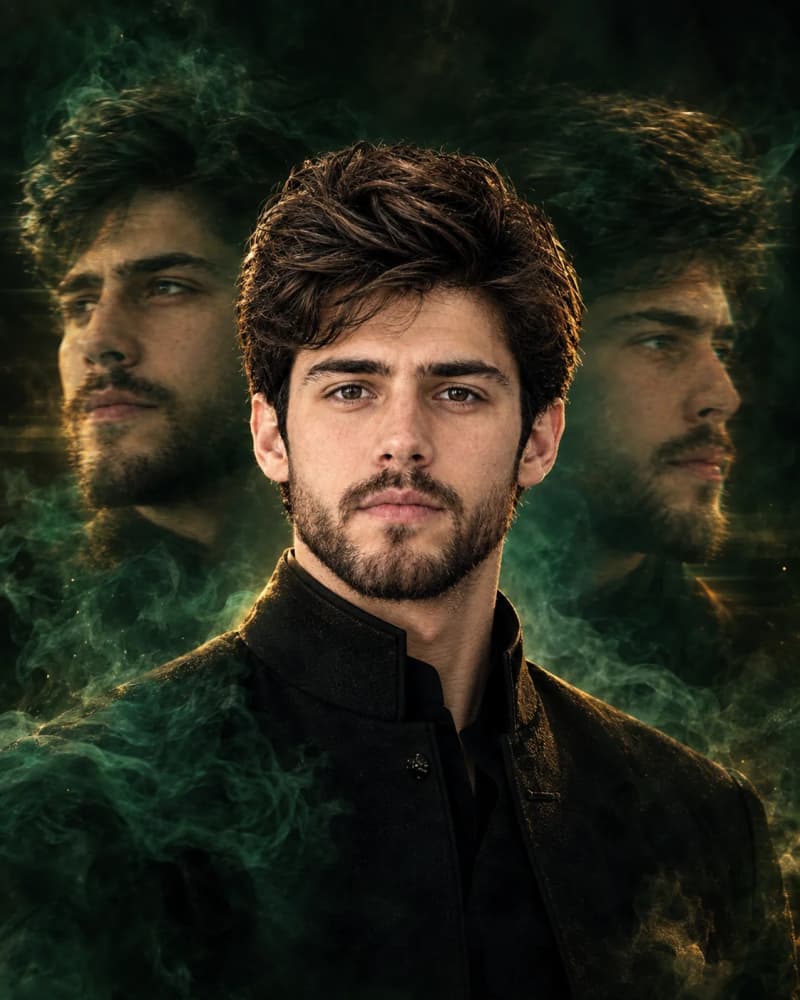 Cinematic male portrait with duplicate faces and emerald green smoke