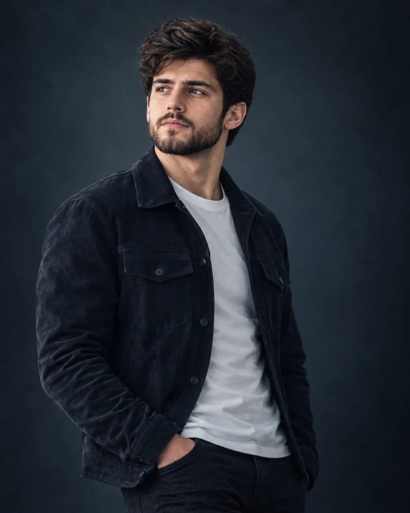 Moody cinematic male portrait in a dark navy suede jacket