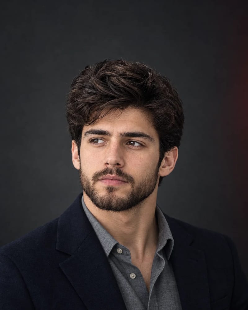 Moody bearded male AI portrait in a dark navy blazer