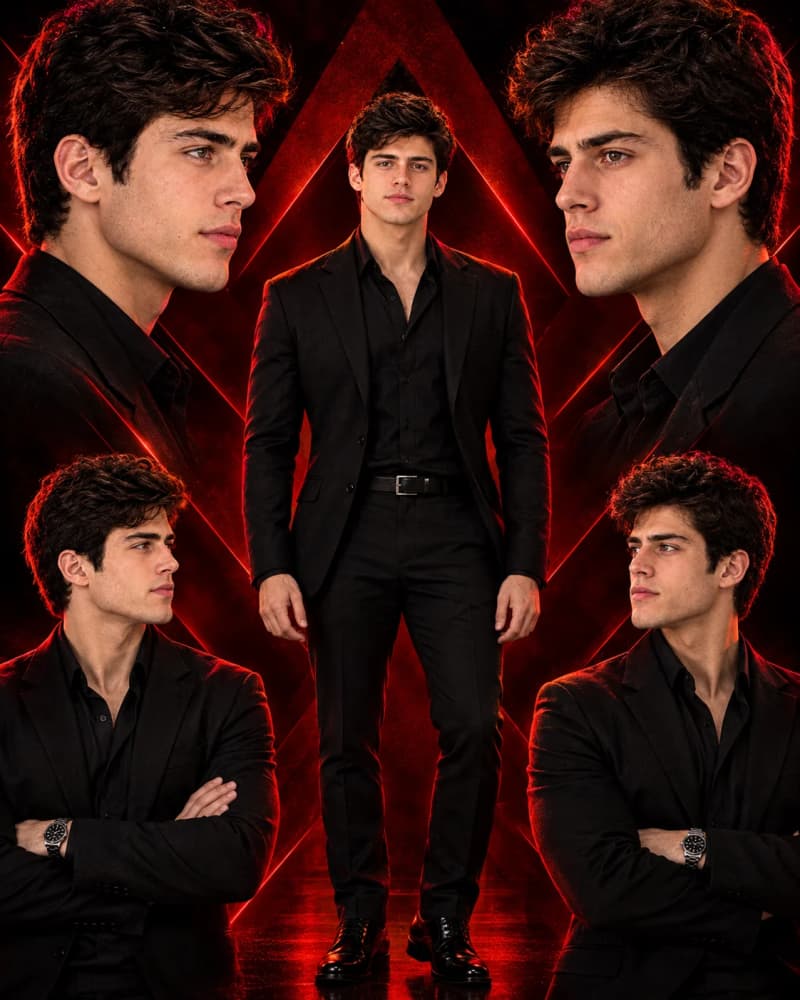 Cinematic male movie poster portrait with multiple figures and red lighting