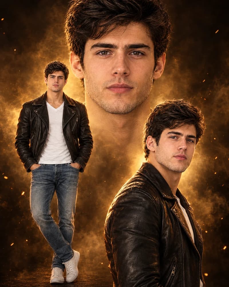 Cinematic male movie poster portrait with golden smoke and multiple figures