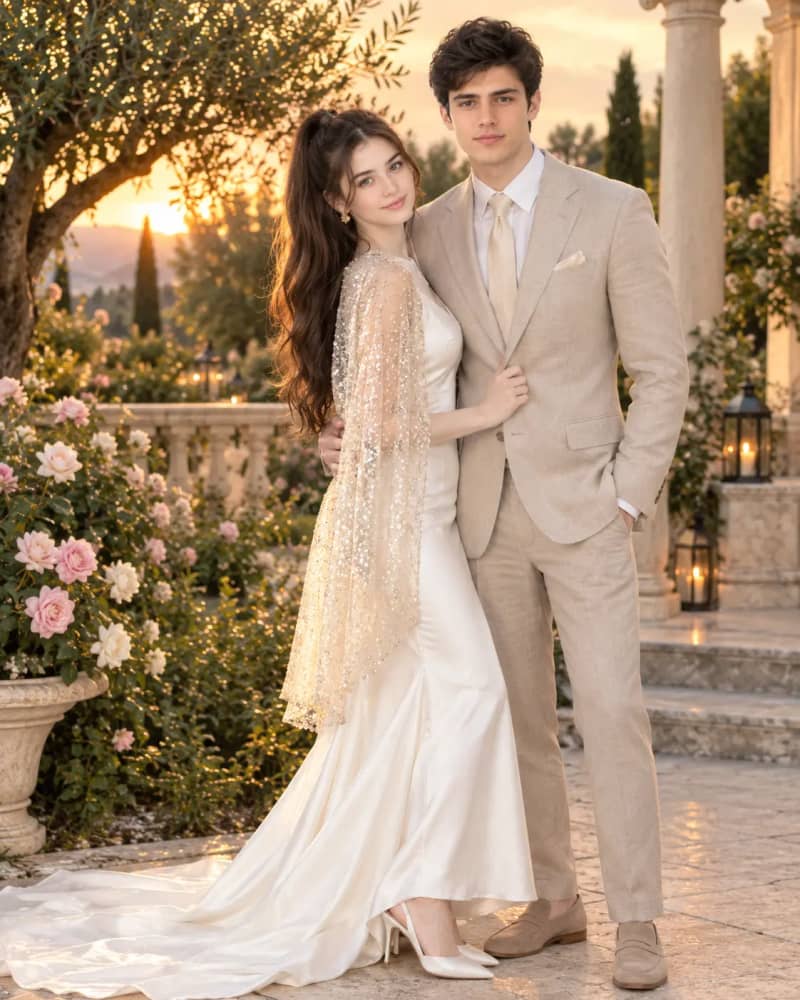 A smiling woman in a white satin gown and sparkling champagne cape stands in a golden hour rose garden while a bearded man in a beige suit holds her waist and looks at her affectionately.