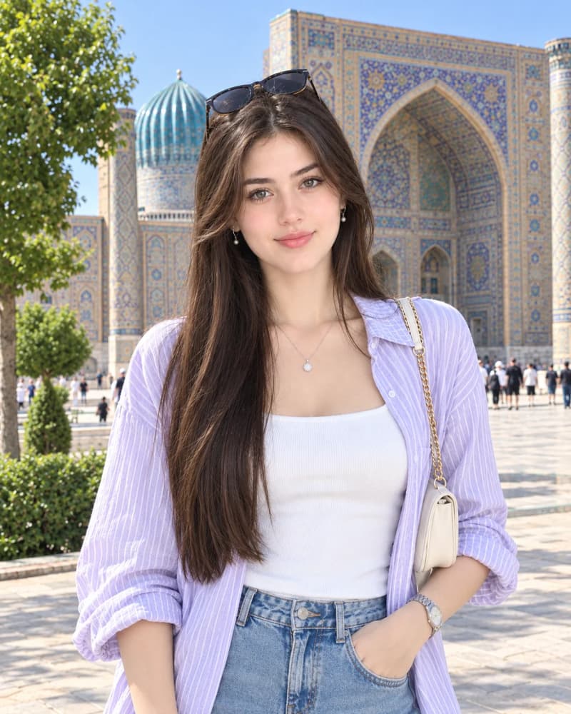 A smiling young woman with long dark hair and sunglasses on her head wears a lavender striped shirt, white tank top, and jeans while standing in a sunny plaza before a turquoise-domed, tile-decorated