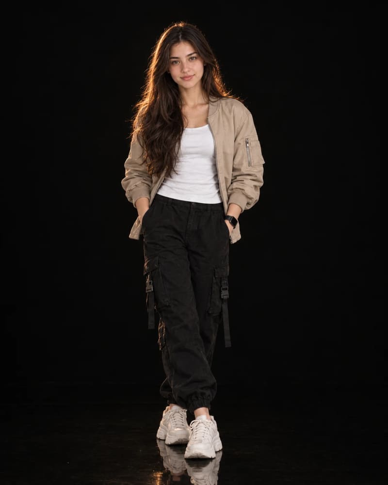 Full-length studio fashion portrait of a woman with long black wavy hair in a beige bomber jacket and cargo pants, golden rim light on a black background