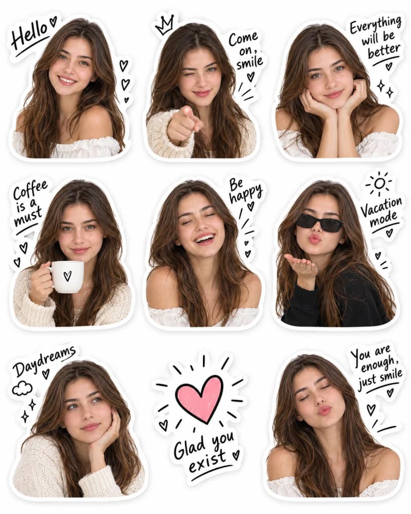 sticker pack, sticker sheet, die-cut stickers, 3x3 grid, reference face, cute stickers, messaging stickers, hand-lettered text, female portrait, photo to stickers, doodle art, 4:5 portrait
