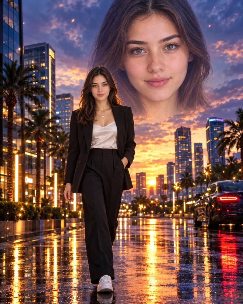 Woman in a black blazer walking on a wet city street with her giant face fading into a purple and golden dusk sky above the skyline