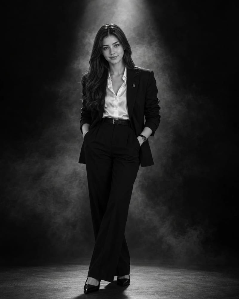 Black and white portrait of a woman in a black pantsuit and white satin shirt standing in a white spotlight in a smoky dark studio