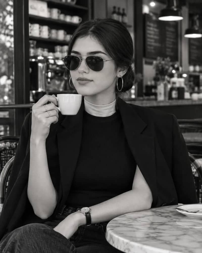 Black and white portrait of a woman in aviator sunglasses and a black blazer holding a white coffee cup at a marble cafe table