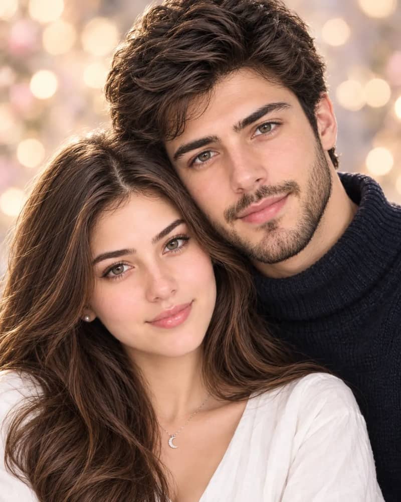 Digital illustration of a smiling couple cheek to cheek, a dark-haired woman in white and a bearded man in navy, with a soft glowing bokeh background