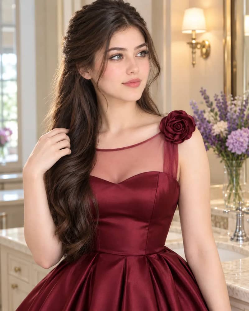 Young woman with long wavy dark hair wearing a burgundy satin gown with a rose on the shoulder, posing in a bright elegant room