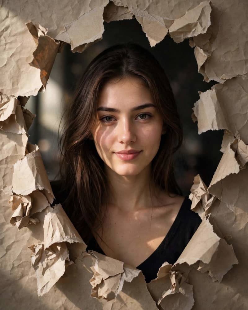 A woman with long dark hair emerging through a torn jagged hole in a paper covered wall, lit by dramatic studio light.