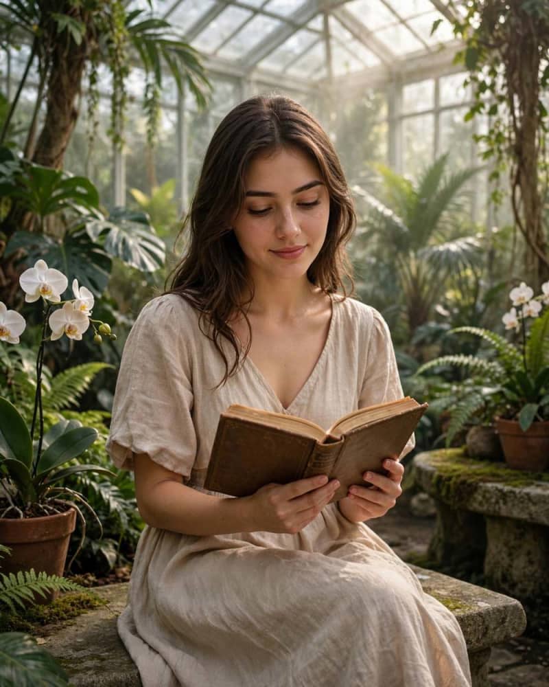 A woman in a beige linen dress reading a vintage hardcover book on a stone bench inside a lush tropical glass greenhouse.