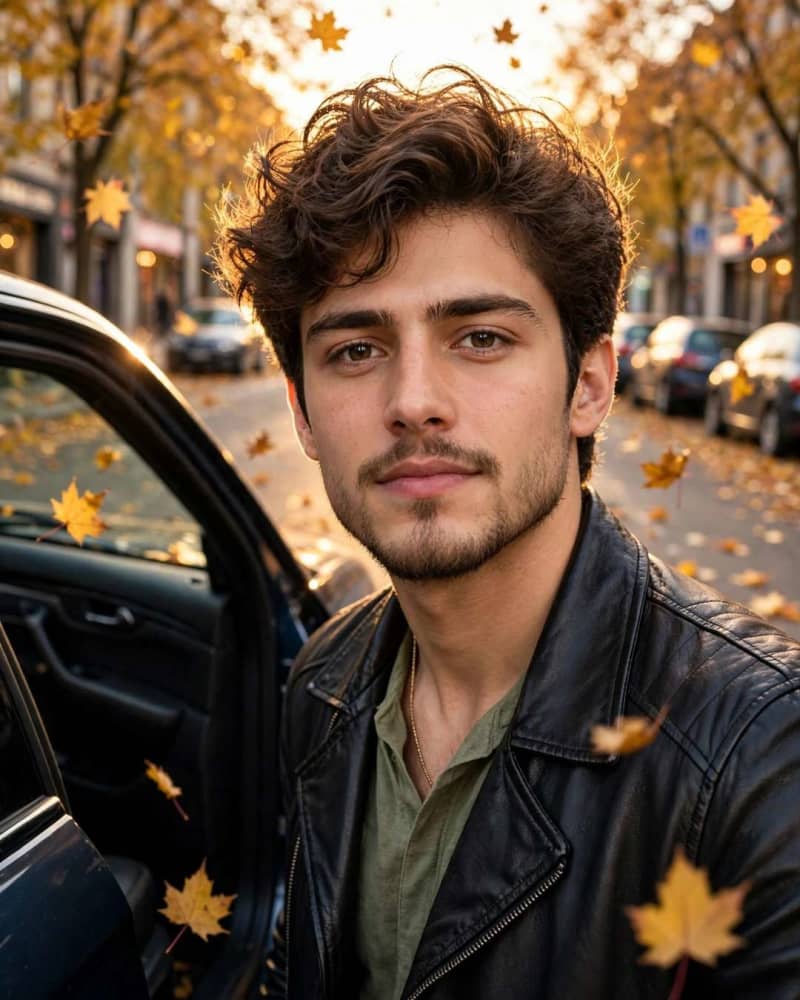 A man in a black leather jacket leaning against an open car door on an autumn street covered in golden leaves at golden hour.