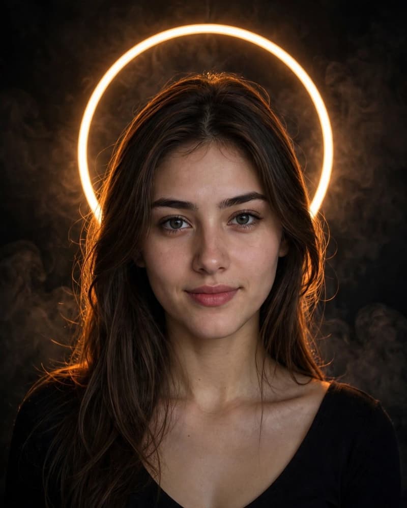 A woman with long dark hair in a dark smoky studio, a warm amber neon ring glowing like a halo behind her head.