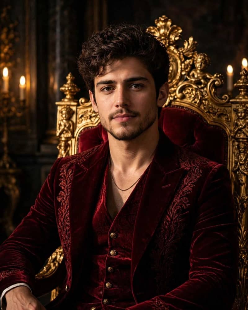 Man in a dark crimson velvet suit seated on an ornate baroque throne in a candlelit palace with dramatic royal side lighting.
