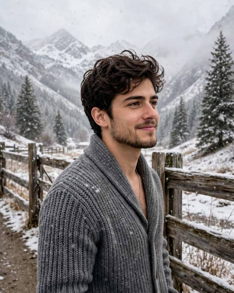 Man in a grey wool cardigan walking beside a wooden fence in a snowy mountain valley under soft overcast winter light.