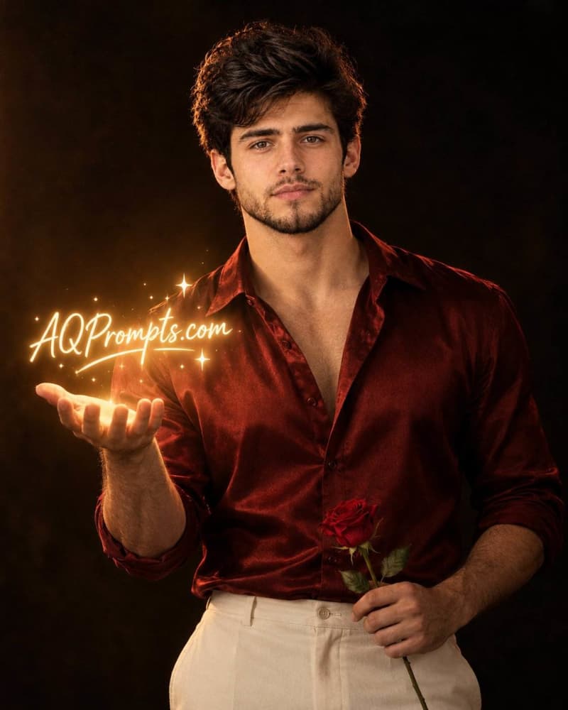 Cinematic portrait of a young man in a deep red satin shirt holding a single red rose, with glowing golden handwritten text floating above his open palm against a dark warm background