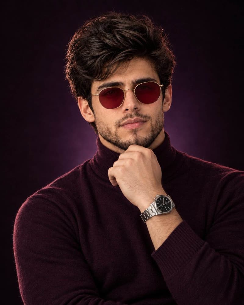 Luxury studio portrait of a young man in a deep plum turtleneck sweater and red tinted sunglasses, one fist resting under his chin showing a silver wristwatch, against a dark purple background