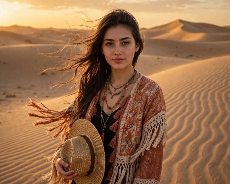 Woman in bohemian outfit standing on smooth desert dunes at golden hour with wind in her hair and rippled sand patterns around her.