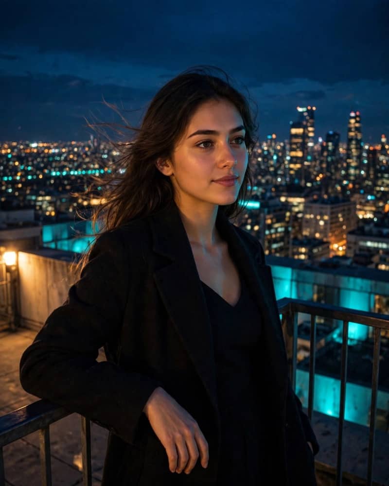 Young woman standing on a night rooftop above a glittering city skyline, leaning on the railing with city lights sparkling below.