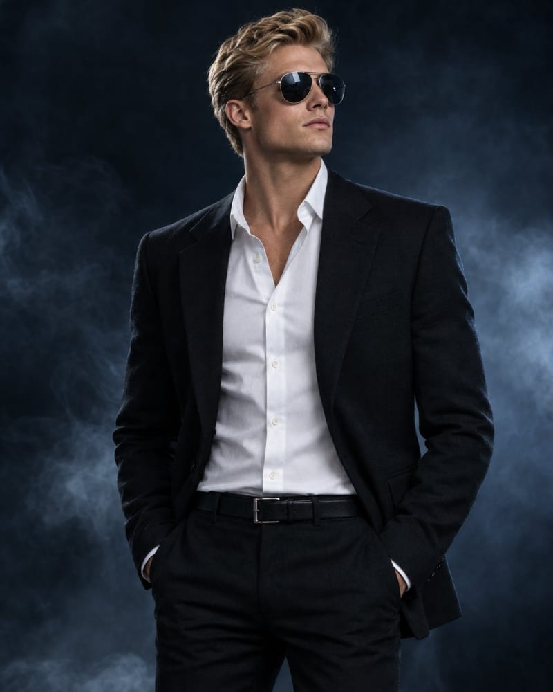 Confident young blonde man in a black suit and white open collar shirt wearing aviator sunglasses, standing with hands in pockets against a dark smoky studio backdrop