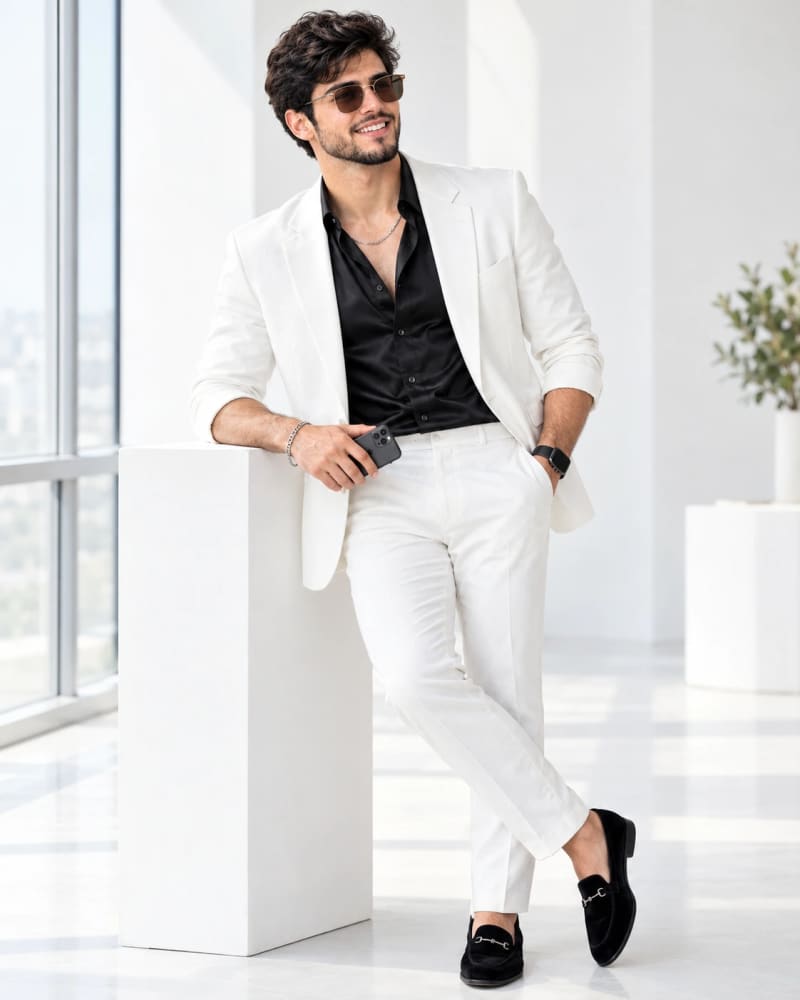 Handsome young man with wavy hair wearing a white suit and black satin shirt with sunglasses, leaning on a white pedestal in a bright modern interior holding a phone